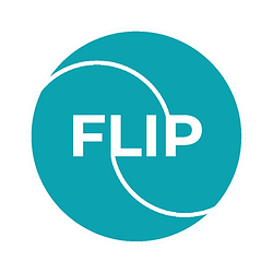 FLIP Foundation logo featuring overlapping curved lines forming a teal circle with the word "FLIP" in bold white text at the center.